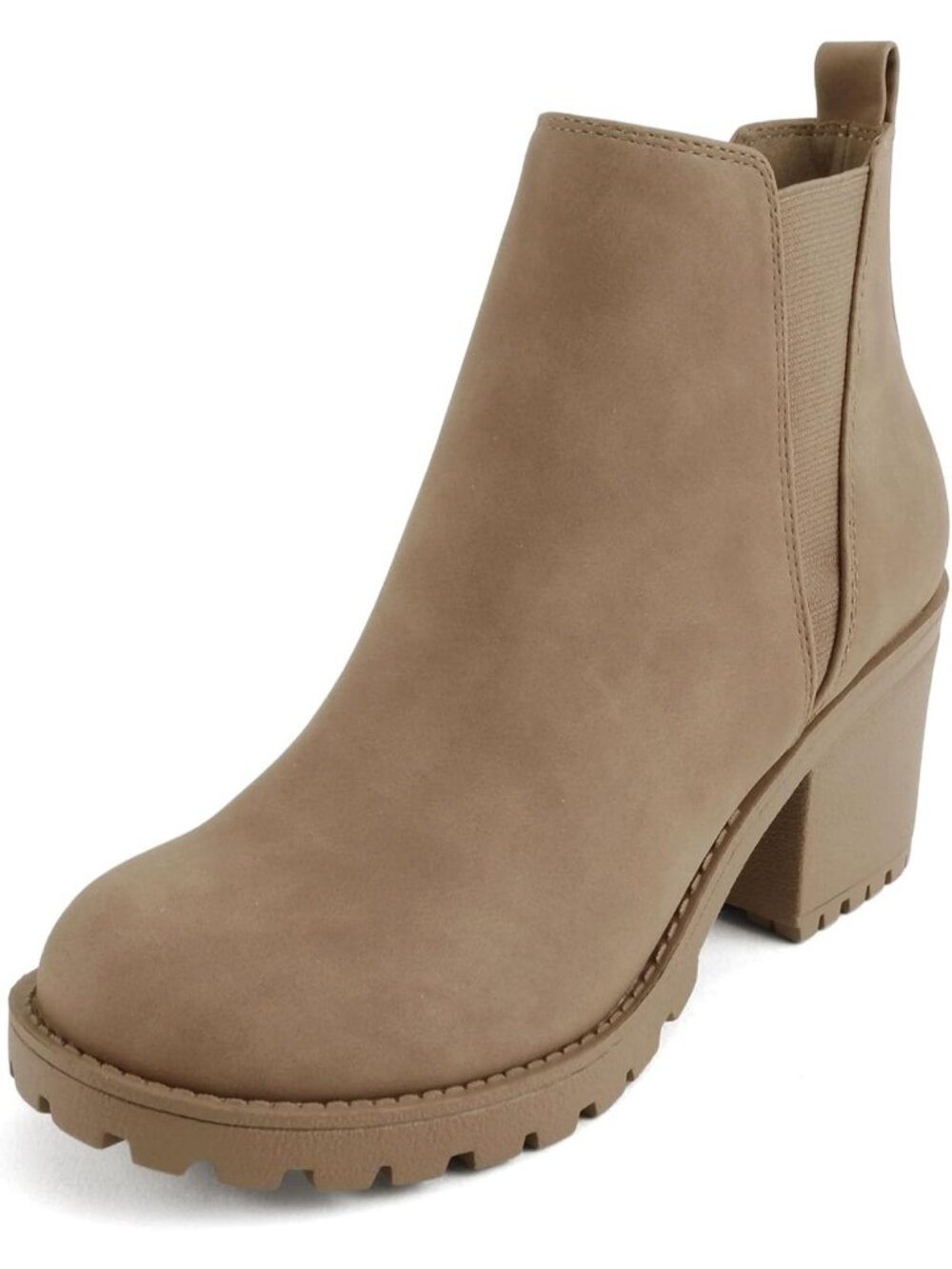 Women's Taupe Nubuck Origami Lug Sole Mid Heel Ankle Bootie Double Elastic Boot - Picture 2 of 5
